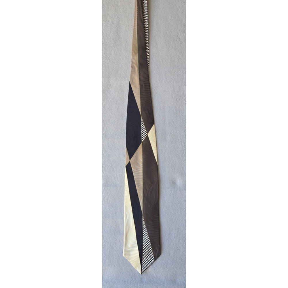 Fratelli Moda Mens Silk Tie Handmade‎ in Italy Geometric Patchwork Brown Navy